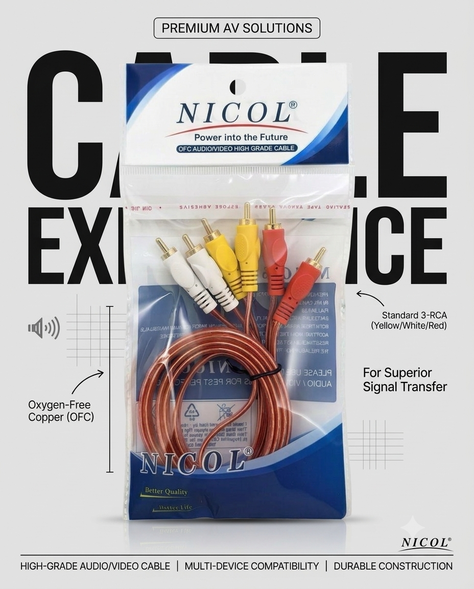 NICOL 3RCA to 3RCA Full Copper Cable 1.5 MTR