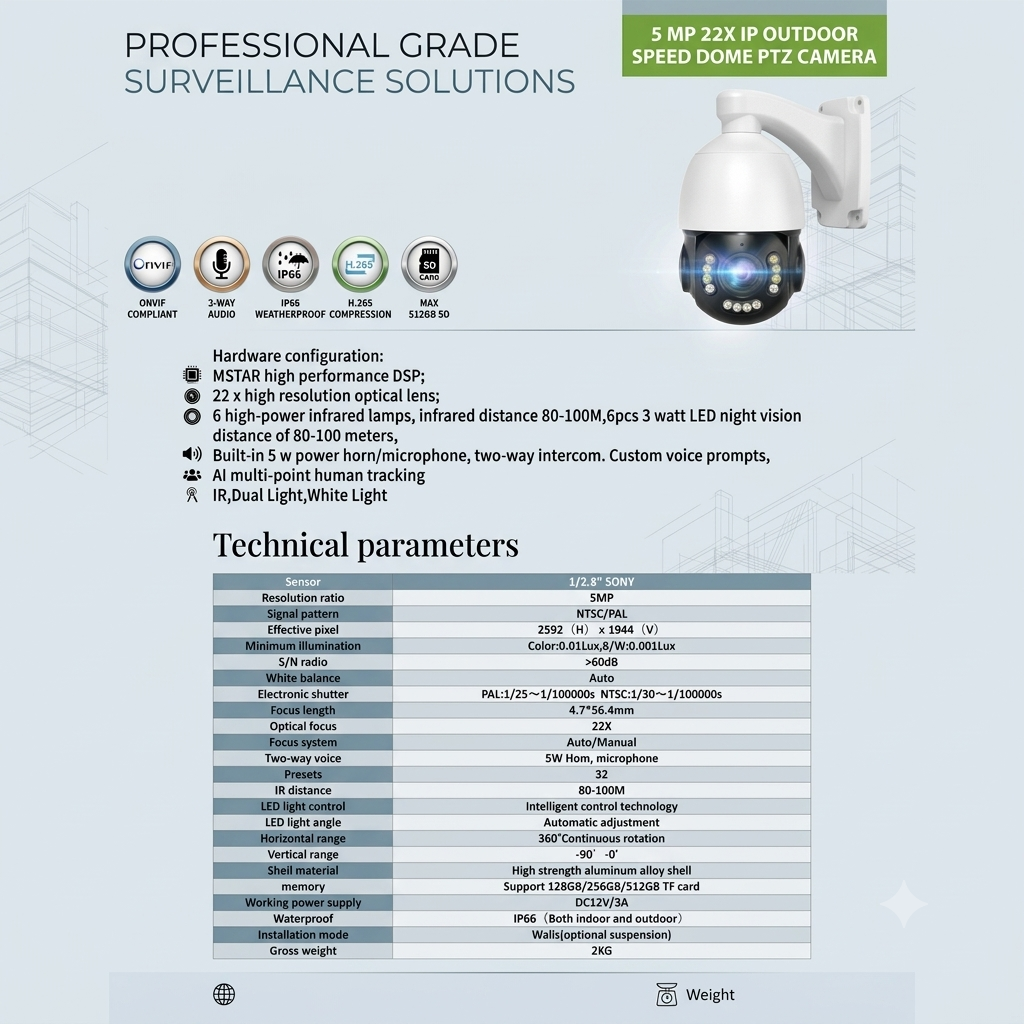 5MP 22X Optical Zoom IP PTZ Dome Camera | Dual Audio & Dual Light AI Human Detection